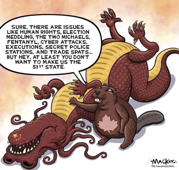 click or tap to zoom Canadian beaver cozies up to Chinese dragon