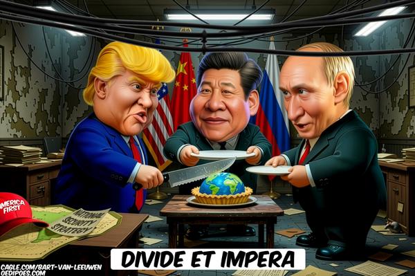 Trum, Xi, Putin deviding cake