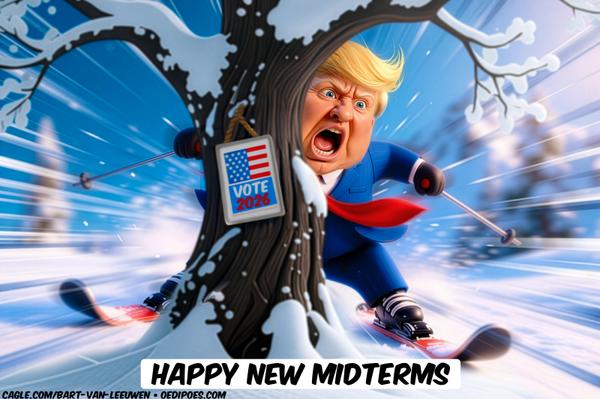 Trump skiing towards tree