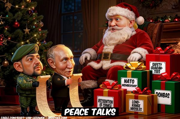 Zelensky, Putin standing in front of Santa Trump