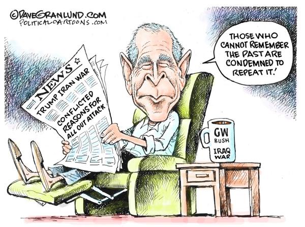 Déjà Vu All Over Again: Cartoon Skewers Trump's Iran Gambit as Bush Iraq War Redux