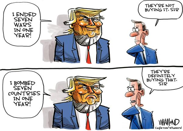 Trump's War-Ending Boast Gets a Bombastic Reality Check in Hilarious Cartoon
