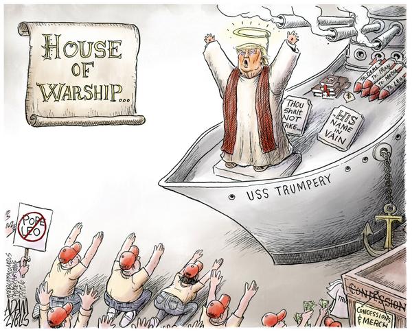 Adam Zyglis Skewers Trump as Papal Figure on Warship in Satirical Cartoon