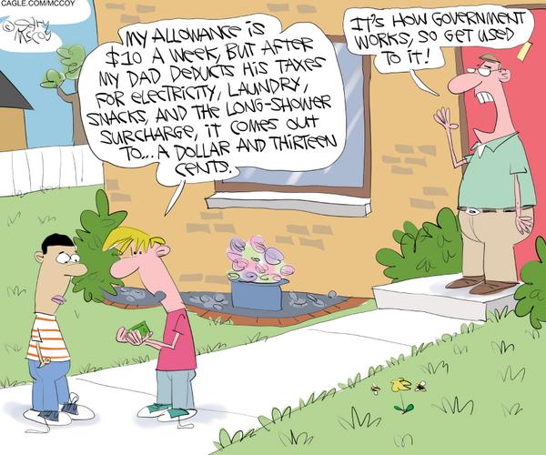 Cartoon Shows Dad Docking Son's Allowance for Taxes and Fees