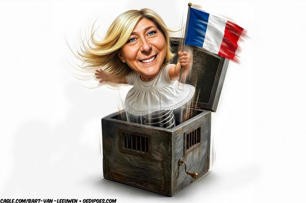 Marine Le PEn Emerging from Box with French Flag