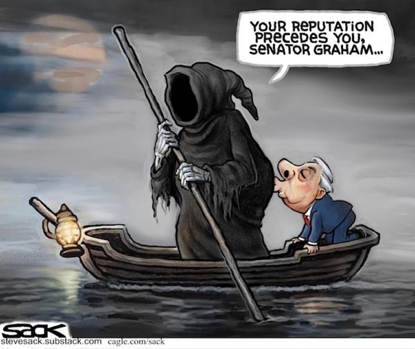 Grim Reaper Addresses Senator Graham in Boat