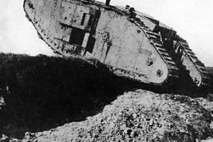 British tank crossing a trench in battle