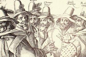 Drawing of the conspirators in the Gunpowder Plot