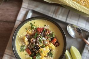 The soup is served elote-style, with Mexican street corn garnishes. (JeanMarie Brownson/TCA)