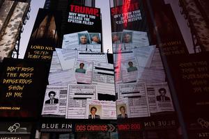 NEW YORK, NEW YORK - JULY 23: A billboard in Times Square calls for the release of the Epstein files on July 23, 2025 in New York City.  Attorney General Pam Bondi briefed President Donald Trump in May on the Justice Department's review of the documents related to the Jeffrey Epstein case, telling him that his name appeared in the files. (Photo by Adam Gray/Getty Images)