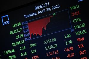 A screen displays trading numbers at the New York Stock Exchange (NYSE) at the opening bell on April 29, 2025, in New York City. (Angela Weiss/AFP via Getty Images/TNS)