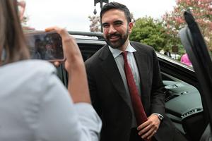 WASHINGTON, DC - JULY 16: NYC Mayoral Candidate Zohran Mamdani briefly speaks with reporters as he leaves the Dirksen Senate Office Building on July 16, 2025 in Washington, DC. Zohran met privately with Sanders after attending a breakfast event hosted by Rep. Alexandria Ocasio-Cortez (D-N.Y.) He is expected to meet House Minority Leader Rep. Hakeem Jeffries (D-NY), who has yet to endorse later this week.  (Photo by Michael M. Santiago/Getty Images)