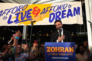 New York mayoral candidate State Rep. Zohran Mamdani (D-NY) speaks to supporters during an election night gathering at The Greats of Craft LIC on June 24, 2025, in the Long Island City neighborhood of the Queens borough in New York City. Mamdani was announced as the winner of the Democratic nomination for mayor in a crowded field in the City’s mayoral primary to choose a successor to Mayor Eric Adams, who is running for re-election on an independent ticket. (Photo by Michael M. Santiago/Getty Images)