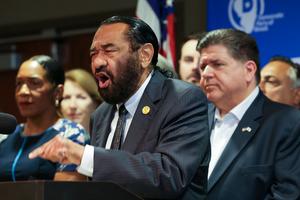U.S. Rep. Al Green of Texas speaks during a press conference at the Painters District Council No. 30 union hall on Aug. 5, 2025, in Aurora, Illinois. Illinois Gov. JB Pritzker, right, and a large group of Texas Democrats gathered to address the remapping of districts in Texas. (Stacey Wescott/Chicago Tribune/TNS)