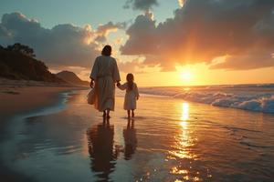 Jesus walks with child on beach at sunset. Dreamstime/TCA