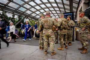 WASHINGTON, DC - AUGUST 20: National Guard troops from South Carolina stand outside Foggy Bottom Metro Station on August 20, 2025 in Washington, DC. U.S. President Donald Trump announced plans to deploy federal officers and the National Guard to the District in order to place the DC Metropolitan Police Department under federal control and assist in crime prevention in the nation's capital. (Photo by Andrew Harnik/Getty Images)