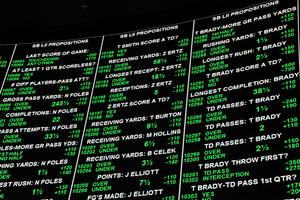 Some of the more than 400 proposition bets for Super Bowl LI between the Philadelphia Eagles and the New England Patriots are displayed at the Race & Sports SuperBook at the Westgate Las Vegas Resort & Casino on Jan. 26, 2018, in Las Vegas. (Ethan Miller/Getty Images/TNS)
