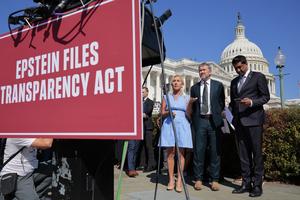 Left to right, U.S. Rep. Marjorie Taylor Greene (R-SC), Rep. Thomas Massie (R-KY) and Rep. Ro Khanna (D-CA) look on during a news conference with alleged victims of disgraced financier and sex trafficker Jeffrey Epstein outside the U.S. Capitol on Sept. 3, 2025, in Washington, D.C. Massie and Khanna have introduced the Epstein List Transparency Act to force the federal government to release all unclassified records from the cases of Epstein and his associate, Ghislaine Maxwell. (Chip Somodevilla/Getty Images/TNS)