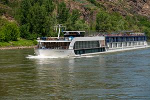 Amasonata river cruise ship near Durnstein Austria. Amasonata is one of AmaWaterways vessels that cruise rivers in Europe. Dreamstime/TCA