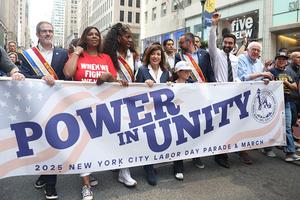 NEW YORK, NEW YORK - SEPTEMBER 6: Politicians including Sen. Bernie Sanders (I-VT) (R), New York mayoral candidate Zohran Mamdani (2nd-R), New York Gov. Kathy Hochul (C) and New York State Attorney General Letitia James (2nd-L) march during the 2025 NYC Labor Day Parade on September 6, 2025 in New York City. Hundreds of workers from various unions marched in this year's parade. (Photo by Heather Khalifa/Getty Images)