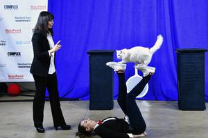 Maryna Savitsky and Svitlana Savitsky and The Savitsky Cats perform during BuzzFeed Inc.'s Listing Day at Nasdaq on Dec. 6, 2021, in New York. (Eugene Gologursky/BuzzFeed Inc./Getty Images/TNS)