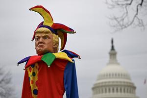 An effigy of US President Donald Trump dressed as a jester is seen as people protest against the administration's decision to virtually shut down the United States Agency for International Development (USAID) at the US Capitol in Washington, D.C., on Feb. 5, 2025. (Drew Angerer/AFP via Getty Images/TNS)