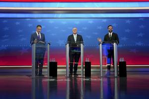 Democratic nominee Zohran Mamdani (R) speaks alongside Independent nominee former New York Gov. Andrew Cuomo (L) and Republican nominee Curtis Sliwa during a mayoral debate at Rockefeller Center on Oct. 16, 2025 in New York City. The candidates for New York City mayor faced off in their first debate ahead of the Nov. 4 election. (Angelina Katsanis-Pool/Getty Images/TCA)