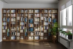 Empty Room With Bookshelf, Potted Plants And Parquet Floor. Getty Images