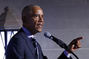 Former US President Barack Obama speaks after receiving the 2024 Sylvanus Thayer Award from the US Military Academy at West Point, New York, on Sept. 19, 2024. (Kena Betancur/AFP via Getty Images/TNS)
