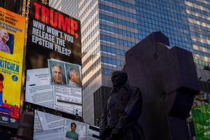 A billboard in Times Square calls for the release of the Epstein files on July 23, 2025, in New York City. Attorney General Pam Bondi briefed President Donald Trump in May on the Justice Department's review of the documents related to the Jeffrey Epstein case, telling him that his name appeared in the files. (Adam Gray/Getty Images/TCA)