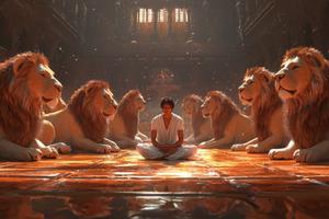 Daniel in the lion s den with hungry lions surrounding him. Dreamstime/TCA
