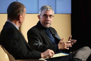POCANTICO HILLS, NY - OCTOBER 21:  Gerald Marzorati, general manager and editorial director, The New York Times Conferences (L) speaks onstage with. Nobel Prize-winning economist and New York Times Opinion columnist Paul Krugman at The New York Times Food For Tomorrow Conference 2015 at Stone Barns Center for Food & Agriculture on October 21, 2015 in Pocantico Hills City.  (Photo by Neilson Barnard/Getty Images for the New York Times)
