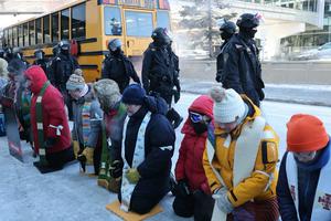 A large group of protesters, including clergy, gathered outside St. Paul International Airport in St. Paul, Minn., on Jan. 23, 2026, to demonstrate against the  immigration crackdown. Elizabeth Flores/The Minnesota Star Tribune via Getty Image