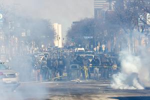 Protesters clash with law enforcement after federal agents shot and killed Alex Pretti on Jan. 24, 2026, in Minneapolis. Arthur Maiorella/Anadolu via Getty Images