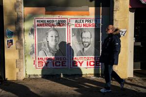 Posters memorialize Renee Good and Alex Pretti, two white Minneapolis residents killed by federal agents. AP Photo/Ryan Murphy