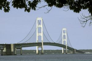 An oil pipeline runs under the Straits of Mackinac, connecting Lake Michigan and Lake Huron and separating Michigan's Lower Peninsula from its Upper Peninsula. AP Photo/Carlos Osorio