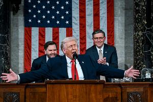U.S. President Donald Trump delivers the State of the Union address during a joint session of Congress in the House Chamber at the Capitol on Feb. 24, 2026, in Washington, D.C. Trump delivered his address days after the Supreme Court struck down the administration's tariff strategy, and amid a U.S. military buildup in the Persian Gulf threatening Iran. (Kenny Holston/Pool/Getty Images/TNS)