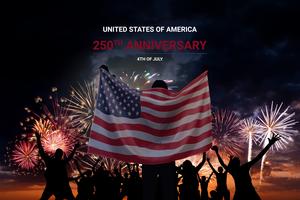 Fireworks and peoples with flag of United States of America on 250th anniversary of independence. Dreamstime/TCA