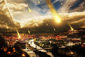 Apocalypse scenario with meteorite shower over a city. (Wuerzburg, Germany). Dreamstime/TCA
