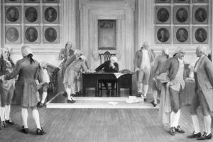 Painting in the Wisconsin State Capitol of 'The Signing of the American Constitution.' George Washington is seen presiding over the occasion, and on the right in the foreground is James Madison.   E. R. Curtiss/Wisconsin Historical Society/Getty Images