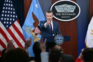 Secretary of Defense Pete Hegseth responds to questions about the Iran war in a March 2, 2026, press conference. Brendan Smialowski/AFP via Getty Images