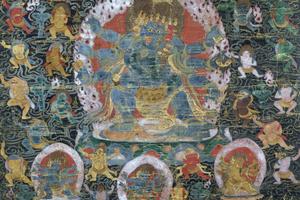 Tibetan fabric painting from the 17th or 18th century depicting a Bardo Cycle deity, representing transitional states between death and rebirth in Tibetan Buddhist belief. Dea/ V. Pirozzi/DeAgostini via Getty Images