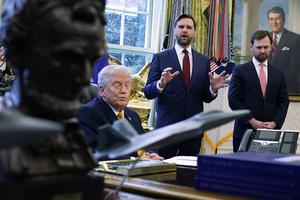 WASHINGTON, DC - MARCH 16: U.S. President Donald Trump and  Federal Trade Commission Chairman Andrew Ferguson listen as Vice President JD Vance (C) speaks to the media after U.S. President Donald Trump signed paperwork during a White House signing ceremony in the Oval Office of the White House on March 16, 2026 in Washington, DC. Trump signed an executive order to create a task force on fraud which will be lead by Vice President J.D. Vance. (Photo by Alex Wong/Getty Images)