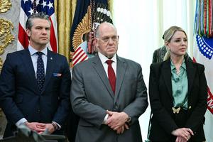 (L/R) U.S. Secretary of Defense Pete Hegseth, White House 'border czar' Tom Homan, and Attorney General Pam Bondi listen as President Donald Trump (out of frame) speaks before swearing in the new Secretary of Homeland Security Markwayne Mullin in the Oval Office of the White House in Washington, D.C., on March 24, 2026. The U.S. Senate on Monday confirmed Mullin as the new chief of the Department of Homeland Security (DHS), the agency reeling from a partial government shutdown as it works to enforce President Donald Trump's immigration crackdown. (Jim Watson/AFP via Getty Images/TCA)