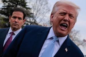WASHINGTON, DC - MARCH 20: U.S. President Donald Trump speaks to reporters as he and Secretary of State Marco Rubio (L) depart the White House on their way to Florida on March 20, 2026 in Washington, DC. Trump is spending the weekend at his private Mar-a-Lago Club. (Photo by Chip Somodevilla/Getty Images)