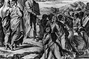 Circa 1200 BC, Moses showing the tablets containing the Ten Commandments to his followers. (Photo by Hulton Archive/Getty Images)