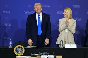 President Donald Trump participates in a roundtable discussion in Memphis, Tenn., with Attorney General Pam Bondi on March 23, 2026. AP Photo/Bruce Newman