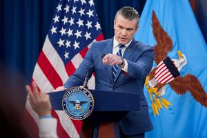 U.S. Secretary of War Pete Hegseth takes questions during a press briefing at the Pentagon on April 8, 2026, in Arlington, Virginia. It was announced that a temporary ceasefire has been reached between the U.S., Iran, and Israel, pausing attacks for about two weeks while Iran reopens the Strait of Hormuz and negotiations continue toward a longer-term agreement. (Andrew Harnik/Getty Images/TNS)