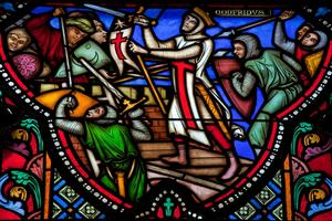 A stained-glass window in the Cathedral of Brussels depicting the 'Siege of Jerusalem' by the Crusaders in the 11th century.  Jorisvo/iStock / Getty Images Plus