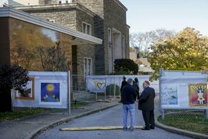 Student artwork on display at the Tree of Life Synagogue in Pittsburgh on Oct. 27, 2019, marks the one-year anniversary of the attack. AP Photo/Keith Srakocic